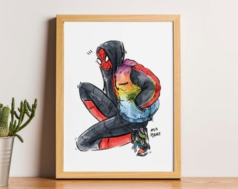 Spider-Man Art Print - rainbow Spiderman, watercolor illustration, card A6, gift