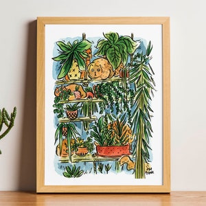 Impression d'art chats et plantes - illustration aquarelle, carte A6, cadeau