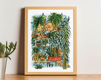 Cats and Plants Art Print -  watercolor illustration, card A6, gift