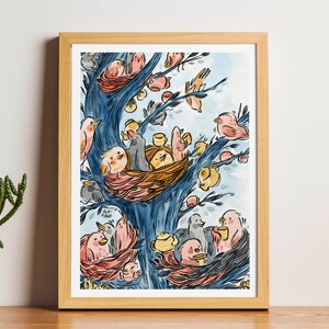Blue birds Art Print - illustration aquarelle, carte A6, cadeau