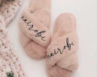 Personalized Fuzzy Slippers – Custom Name Cozy Slides | Bridesmaid, Birthday, Spa Gift for Her | GoGirlGifts
