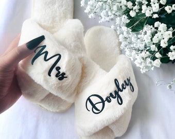 Personalized Bride Slippers – Custom Fuzzy Wedding Gift