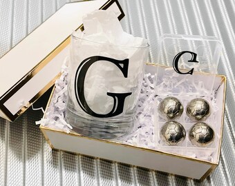Monogram Whiskey Glass Gift Set | Soccer Ball Ice Cubes