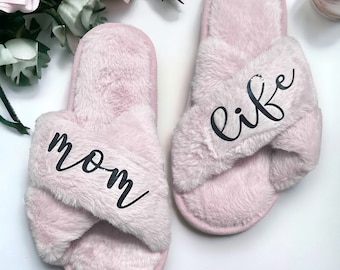 Mom Life Slippers – Pink Fuzzy Faux Fur New Mom Gift