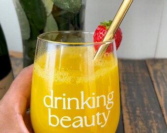 Drinking Beauty Stemless Wine Glass | Gold Heart Straw, Gift for Her