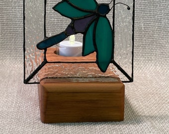 Art stand with tea light candle, Wooden display for Stained or fused glass artwork, Sun catcher holder with candle