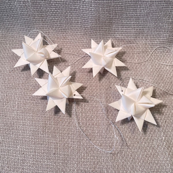 Multi-point star ornaments, German stars, 4 white star ornaments, German paper stars, Christmas Tree star ornaments, Paper star ornaments