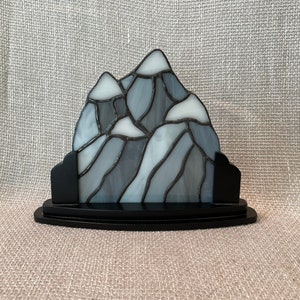 Stained glass Mountain scene, Mountain artwork, gift for him, Snow capped Mountains