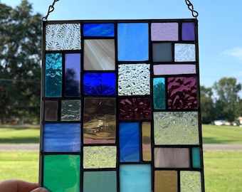 Stained glass panel, multi-colored suncatcher, handcrafted geometric window hanging