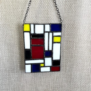 Stained glass retro multi color suncatcher, Piet Mondrian style glass art, Multi colored geometric artwork