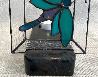 Art stand with tea light candle, glass artwork holder, Sun catcher holder with candle, black wooden stand with candle