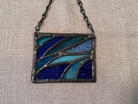Ocean waves mini stained glass, Stained glass panel, blue sun catcher, Ocean lover gift, Ocean Christmas ornament