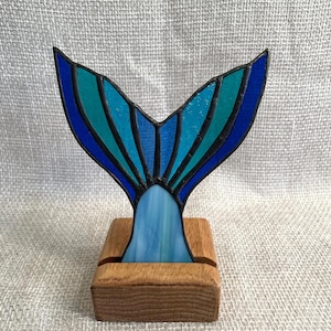 Stained glass Mermaid tail with wooden stand, Whale Tail Suncatcher, Whimsical Room Décor, Mermaid décor, beach art