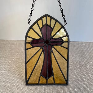 Stained glass church window with cross, gothic window sun catcher, cross
