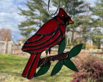 Stained glass, Stained glass bird, Bird suncatcher, Red bird, bird lover gift, Cardinal bird stained glass, Red bird on a limb, Suncatcher