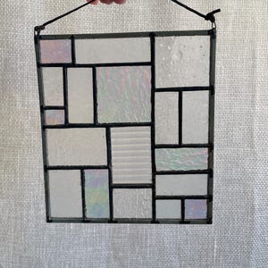Stained glass panel clear, Stained glass art, Clear art glass suncatcher, Geometric art glass, Geometric iridescent suncatcher