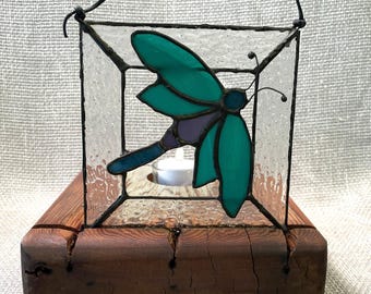 Art holder with tea light, Wooden artwork stand, stained glass or fused glass stand with candle, suncatcher art stand