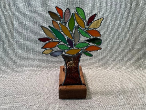 Tree of life stained glass art, Stained glass tree with tea light holder, Fall tree 3D artwork, Tree Candle  display, Candle artwork display