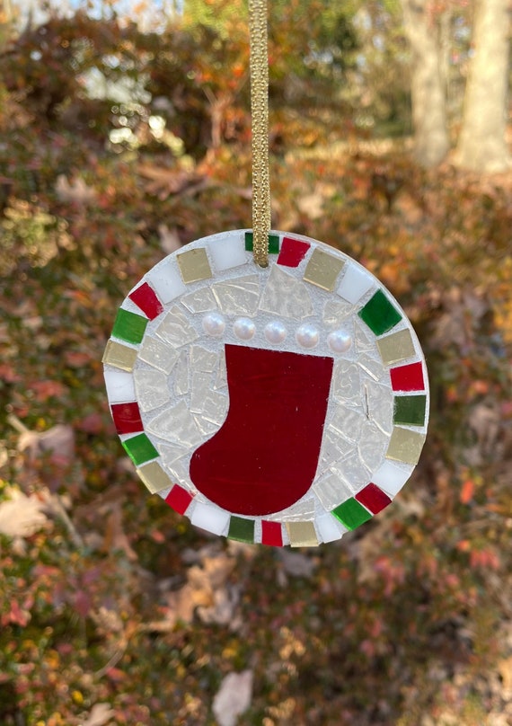 Stained glass mosaic, Christmas stocking ornament, Christmas ornament, Stained glass mosaic art, window decoration, Round Stocking ornament