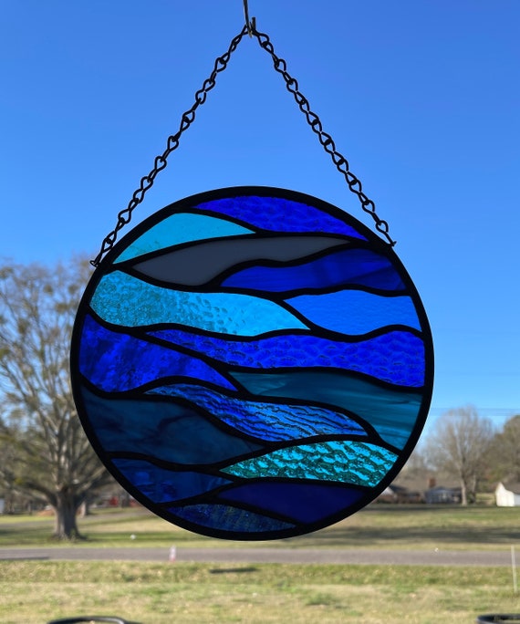 Ocean waves round stained glass, Ocean lover gift, Porthole suncatcher, Shades of blue sun catcher, Porthole stained glass, Beach lover gift