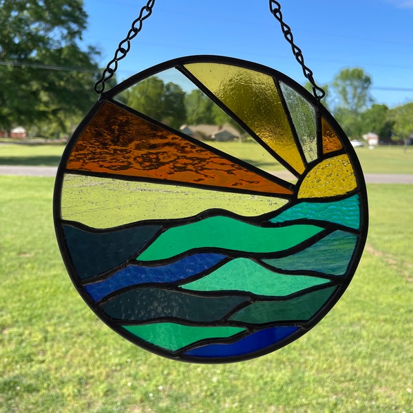 Sunset Ocean waves stained glass Sun catcher seaside-Inspired Round Stained Glass Porthole Suncatcher Panel  Porthole view ocean lover gift