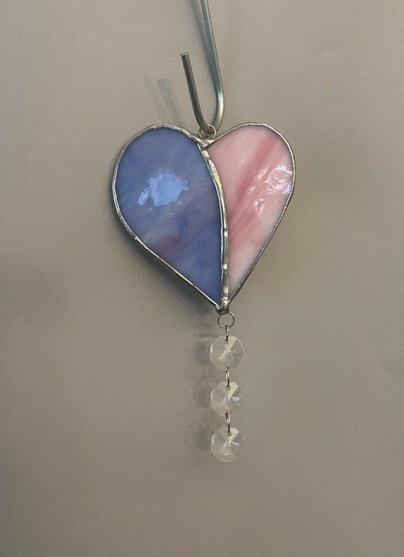 Stained glass, Stained glass heart, heart suncatcher, pink and blue heart, pink and blue suncatcher, 2 tone suncatcher, stained glass, heart