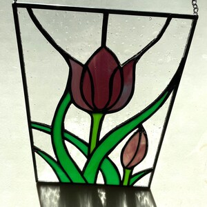 Tulip stained glass artwork, Tulip sun catcher, Spring flower glass panel, Floral light catcher