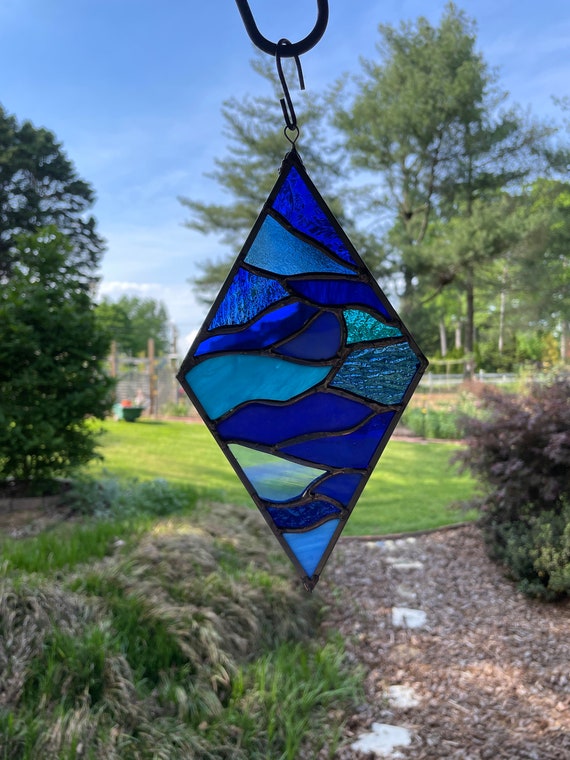 Ocean art Ocean Waves Diamond Stained Glass Handmade Glass Suncatcher Blue diamond stained glass Ocean waves stained glass Diamond artwork