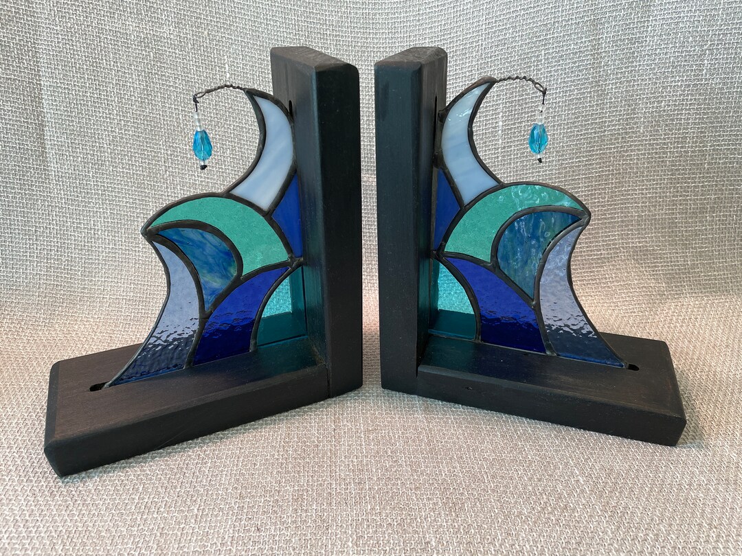 Bookends Stained Glass Bookends Ocean Waves Whimsical Art Blue Waves