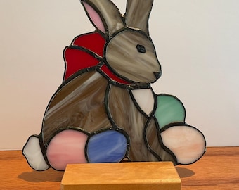Stained Glass Easter Bunny, handmade Easter Rabbit  with wooden stand, Easter decoration