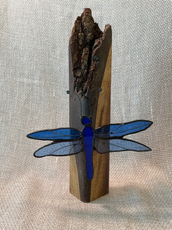 Wall art Dragonfly Stained Glass on Live Edge Wood Stained glass Blue dragonfly on live edge wood art Dragonfly lover gift Nature lover gift