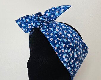 Blue ditsy floral head scarf hair wrap pin up style hair accessory headscarf