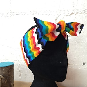 rainbow retro tone ric rac zig zag head scarf hair wrap pin up style hair accessory headscarf
