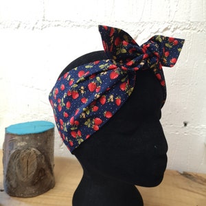 Navy strawberries wild fruit head scarf hair wrap pin up style hair accessory headscarf
