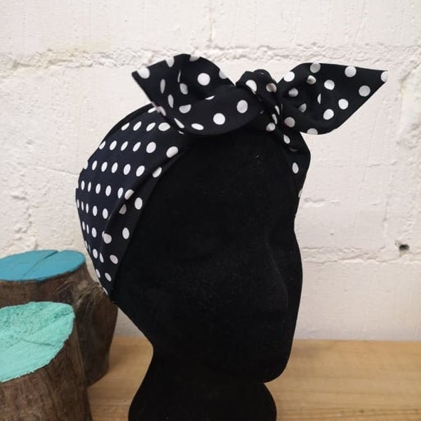 black and white polka dot head scarf hair wrap pin up style hair accessory headscarf