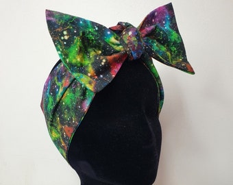 Nebula tie die space stars hair wrap pin up style hair accessory headscarf dolly bow squared ends