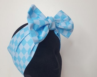 Blue checkerboard 90s kitch hair wrap pin up style hair accessory headscarf dolly bow squared ends