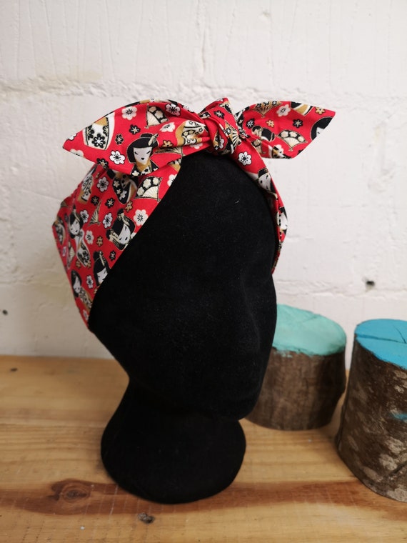 Red Japanese Geisha Head Scarf Hair Wrap Pin up Style Hair  display picture 3