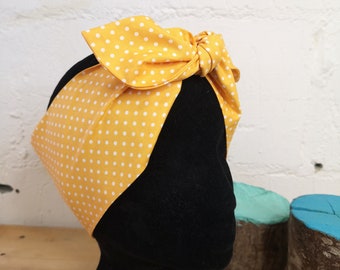 Yellow polka dot spotty head scarf hair wrap pin up style hair accessory headscarf Dolly Bow
