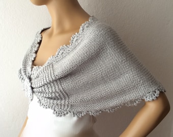 Bridal Knit Shawl, Silver Grey Metallic Yarn, Crochet Scallop Edge