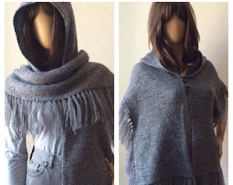 Scarf with Hood, Scarf with Buttons,  Hooded Shawl, Fringe Scarf, Cropped Poncho Scarf