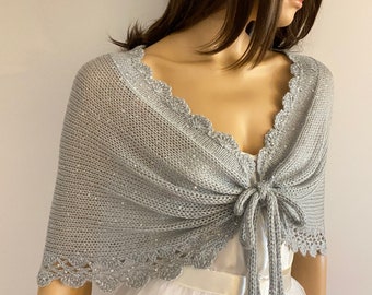Handmade Silver Sequin Bridal Shawl, Crochet Trim Wedding Wrap
