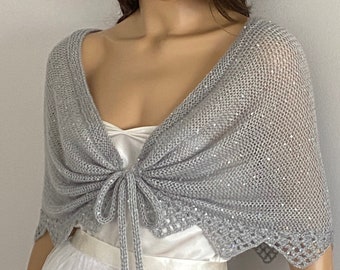 Silver Bridal Shawl, Sequin Shawl, Wedding Shawl, Evening Shawl, Sheer Shawl, Bridal Cover Up, Bridal Stole, Bridal Wrap,