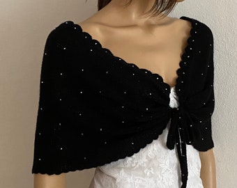 Knitted Bridal Shawl with Pearl Beads, Wedding Cover Up