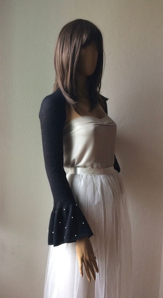black shrug for formal dress Bridal Shrug, Evening Bolero, Bridal Cover Up, Gothic Wedding Shrug, with Pearl Beads, Shrug women going out dress