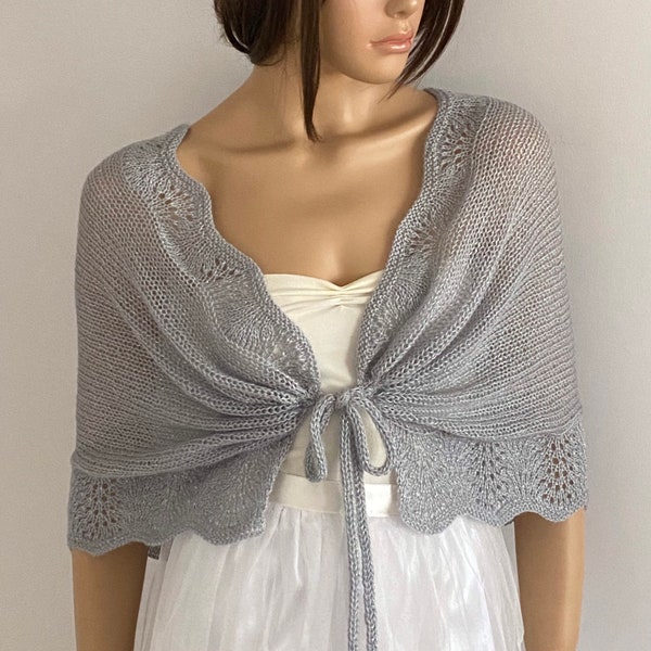 Bridal Shawl,  Silver Evening Shawl, Tie Front Shawl, Mother of the Bride Shawl, Bridal Dress Topper, Wedding Shawl, Bridal Shawl Wrap,