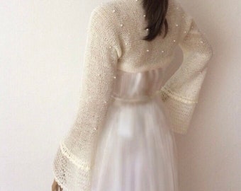 Bridal Sweater Shrug with Pearl Beads, Bridal Cover Up, Wedding Bolero, Pearl Beaded Bolero, Evening Shrug
