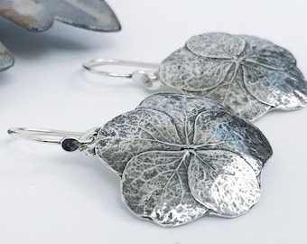Hydrangea Impression, Rustic fine silver botanical earrings, handmade artisan, floral earrings, lightweight earrings, fine silver, flowers