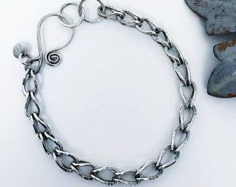 Artisan silver link bracelets. Artisan Argentium sterling silver sailor's chain, handcrafted, modern hammered bracelet, handmade clasp