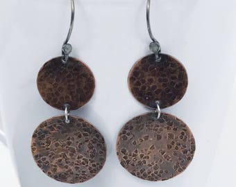 Hammered circle earrings, Modern lightweight, mixed metal, copper earrings, hammered, rustic, handmade, artisan, boho, tribal